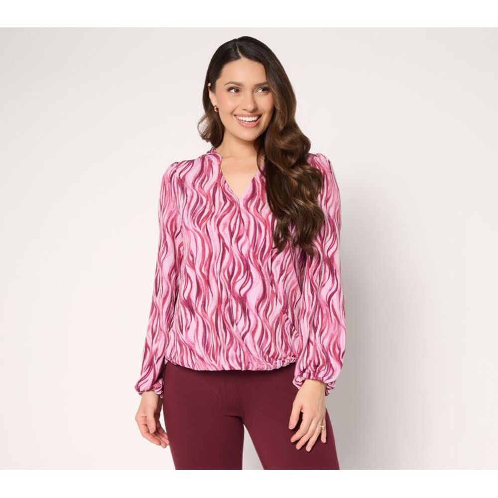 Susan Graver Women's Top Plus Sz 2X Printed Liquid Knit Surplice Pink A706717